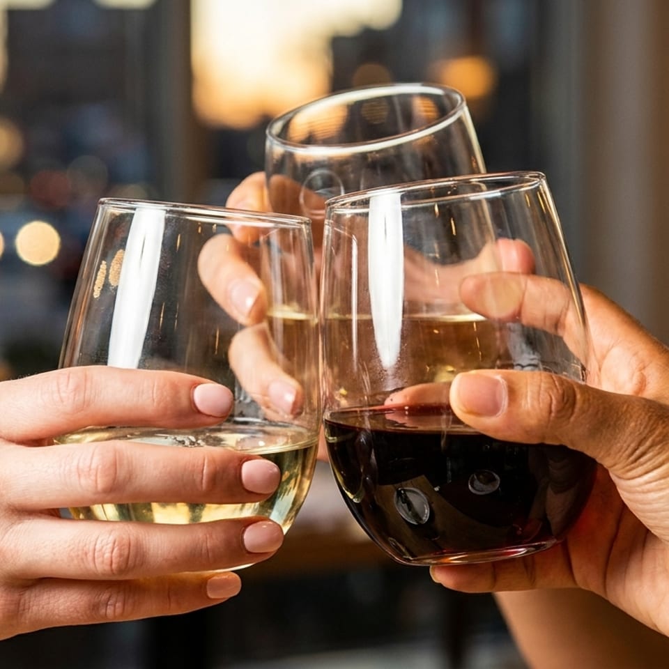 Three hands clinking stemless wine glasses filled with red and white wine.