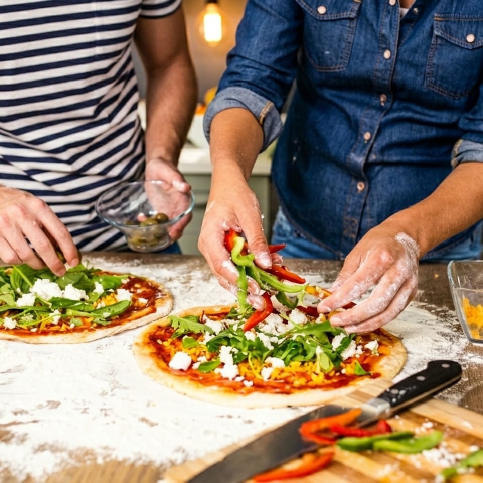 Two people making pizzas, adding fresh toppings like arugula, peppers, and cheese to the dough.