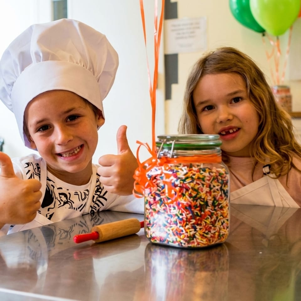 Two smiling children, one in a chef's hat, with a jar of sprinkles and a rolling pin.