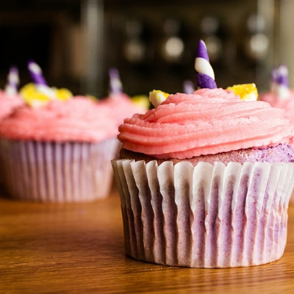 Row of unicorn cupcakes with pink frosting and purple and white striped horns on a wooden table.