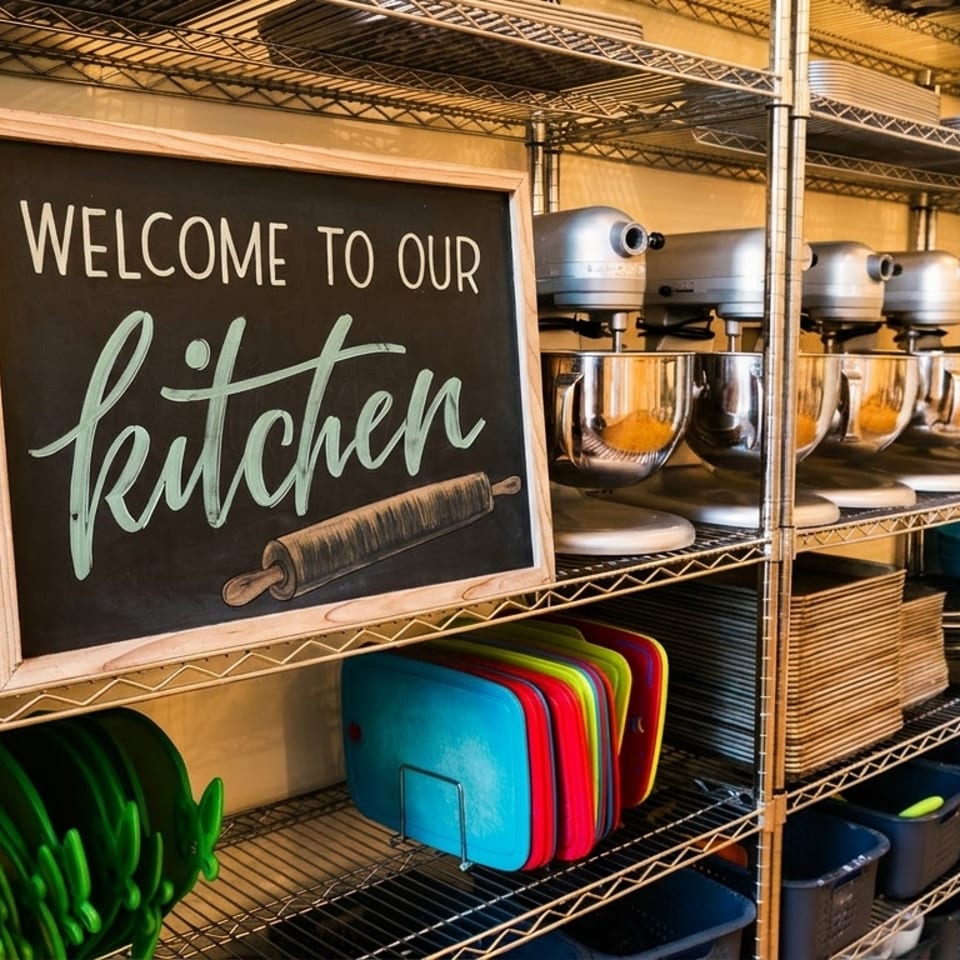 A "Welcome to our kitchen" sign on a shelf with mixers, blenders, and colorful kitchenware.
