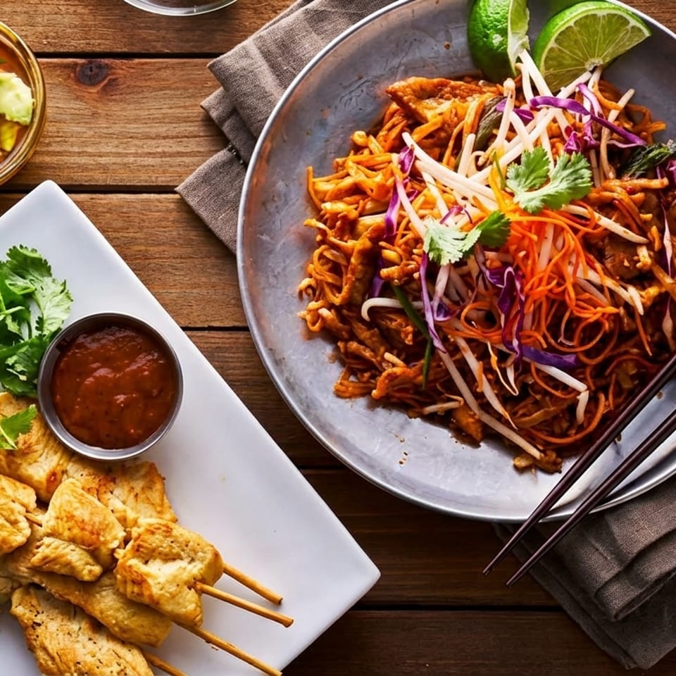 Chicken satay skewers, pad Thai noodles, and cucumber salad on a wooden table.
