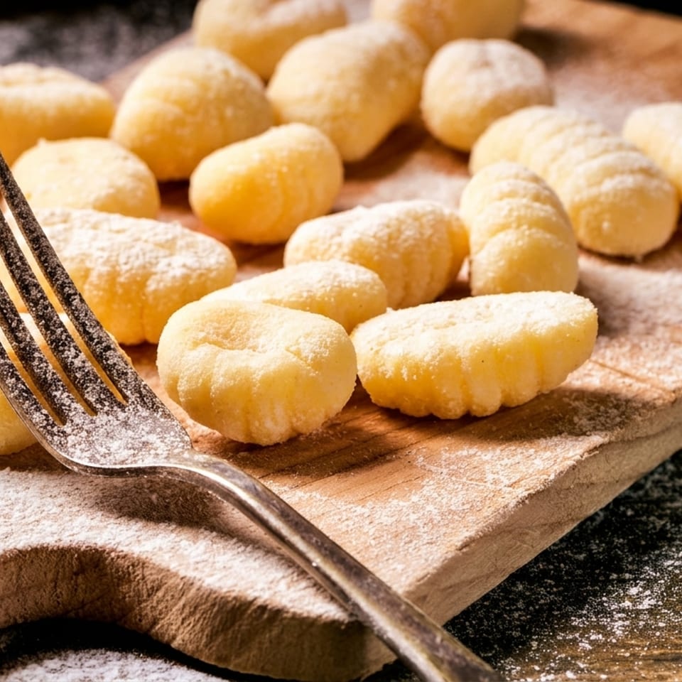 Freshly made gnocchi dusted with flour on a wooden cutting board with a fork.