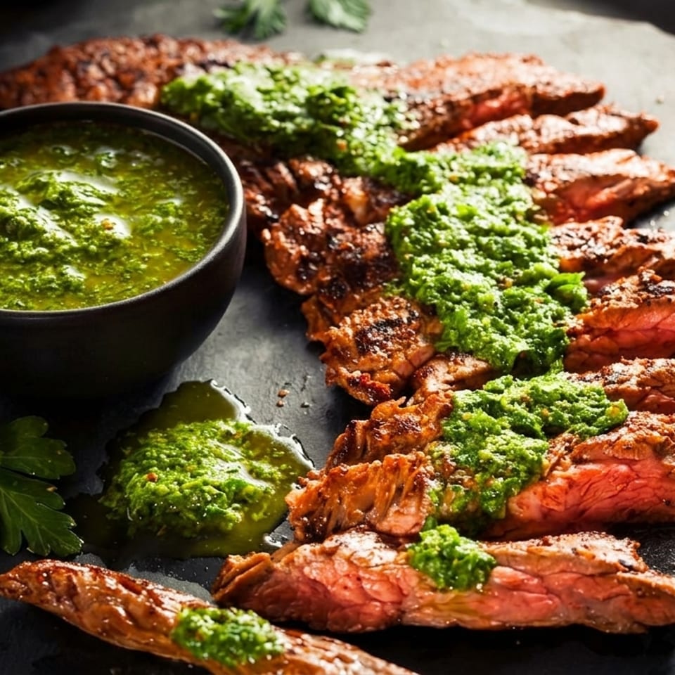 Sliced grilled steak topped with vibrant green chimichurri sauce, served on a dark slate board.