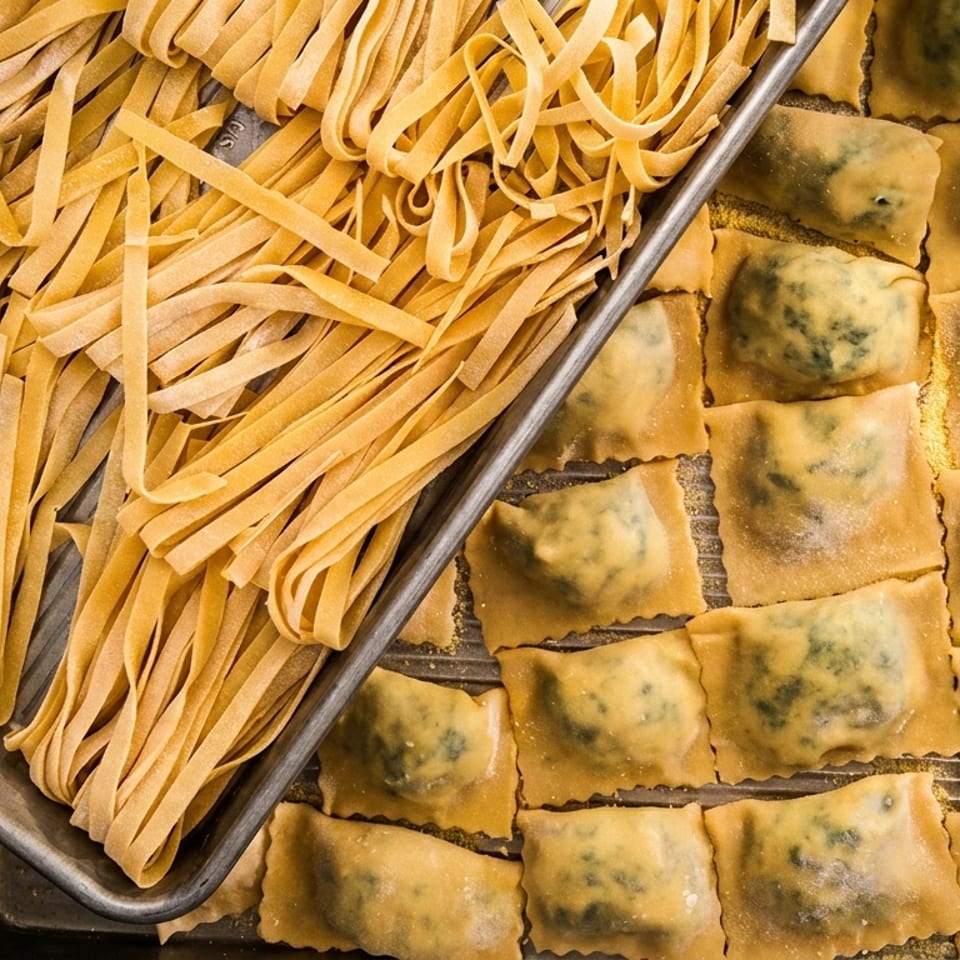 Freshly made tagliatelle pasta and spinach-filled ravioli on baking sheets, ready for cooking.