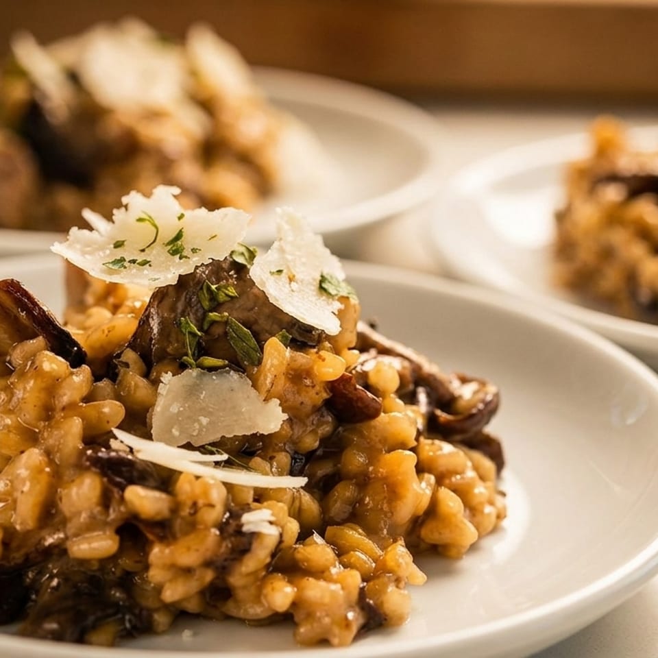 Three plates of mushroom risotto topped with shaved Parmesan cheese and fresh herbs.