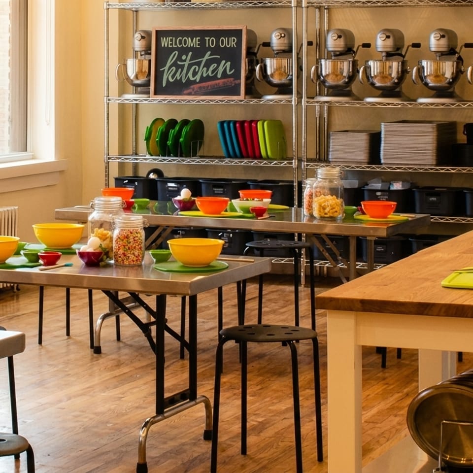 A bright, organized kitchen classroom with multiple workstations, mixing bowls, and cooking equipment.
