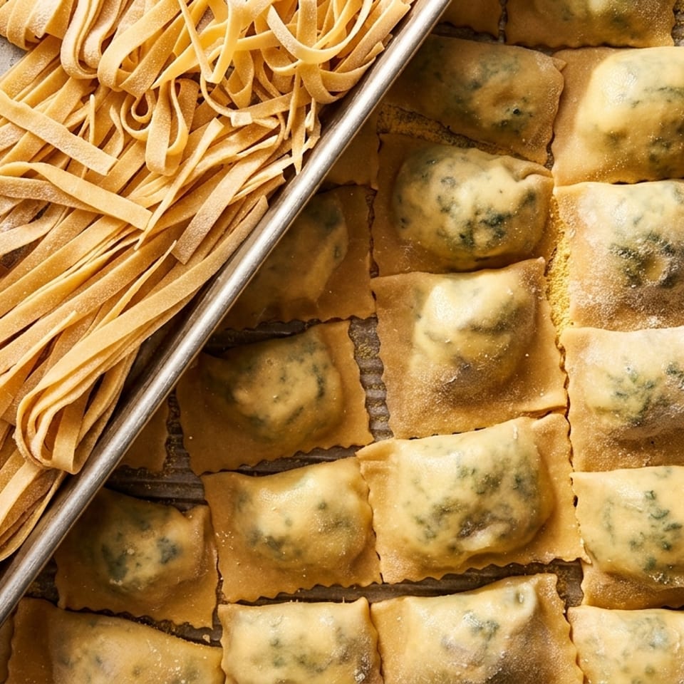 Freshly made fettuccine pasta and spinach-filled ravioli on baking sheets, dusted with flour.