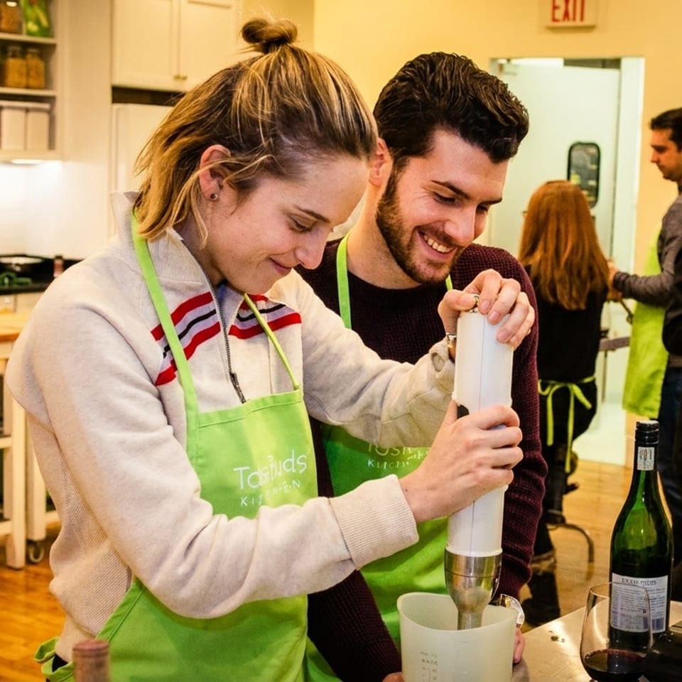 Two people in green aprons smile while using an immersion blender in a cooking class.
