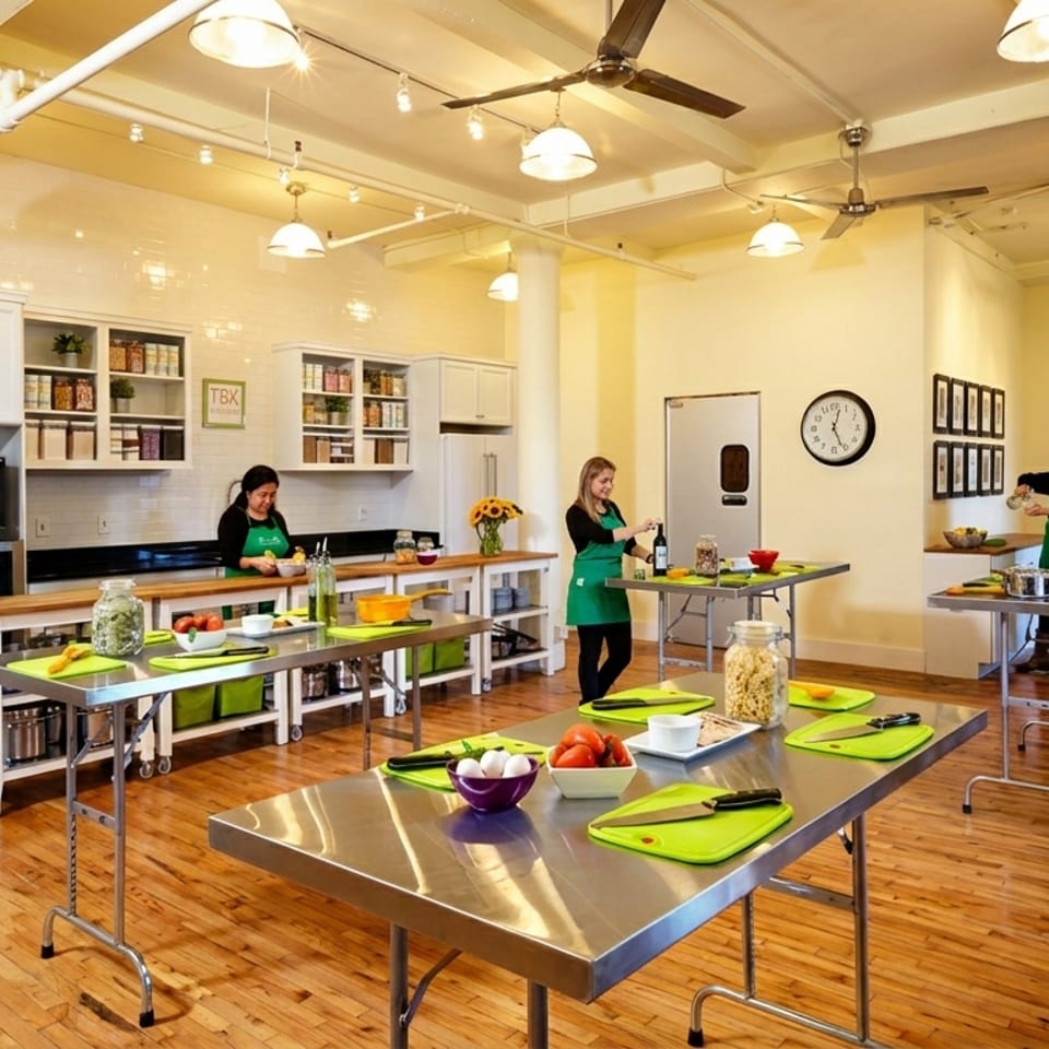 Three women in green aprons prepare food at stainless steel tables in a bright, open kitchen.