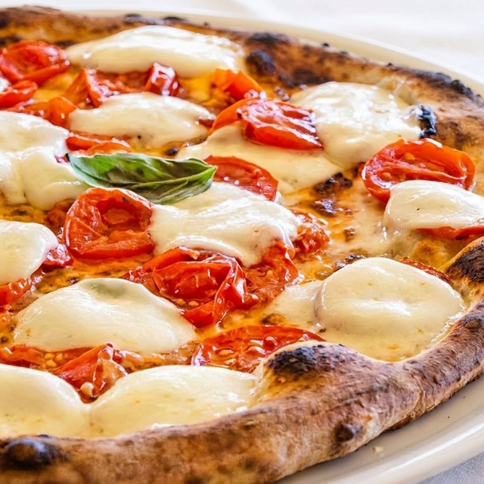 Neapolitan pizza with melted mozzarella, bright red tomatoes, and a fresh basil leaf on a white plate.