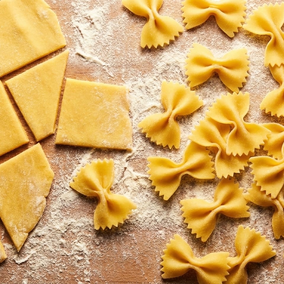 Freshly made farfalle pasta and cut pasta dough squares dusted with flour on a wooden surface.