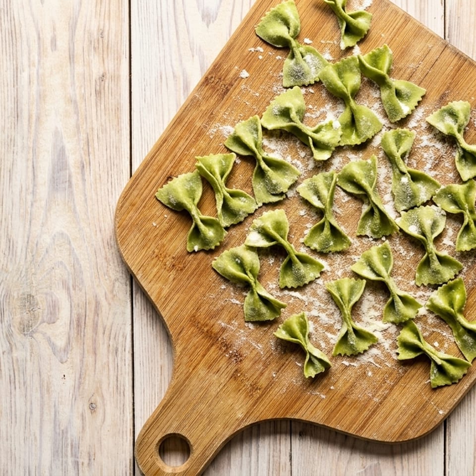 Green farfalle pasta, dusted with flour, arranged on a wooden cutting board.
