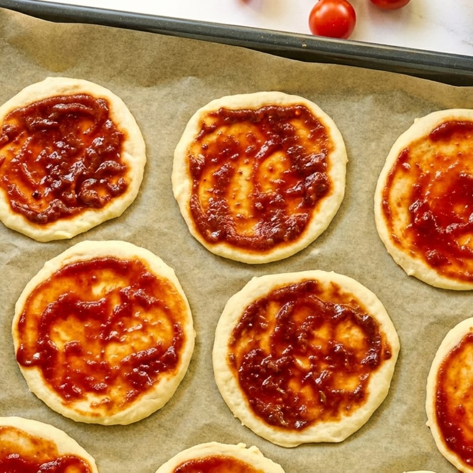 Mini pizza bases with tomato sauce on a baking sheet, with basil and cherry tomatoes.