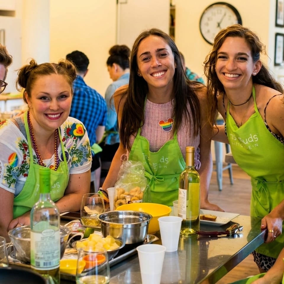 Five smiling people in green aprons stand around a kitchen counter with cooking ingredients and wine.