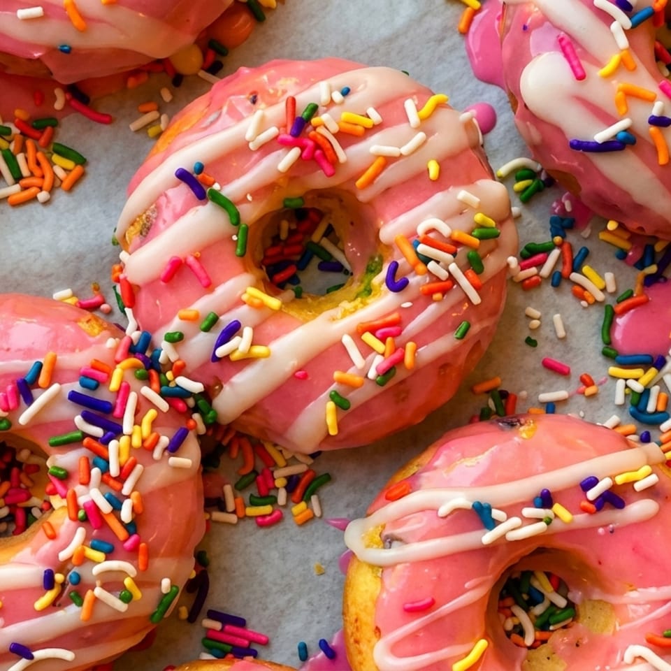 Pink frosted donuts with white icing stripes and colorful sprinkles scattered on parchment paper.