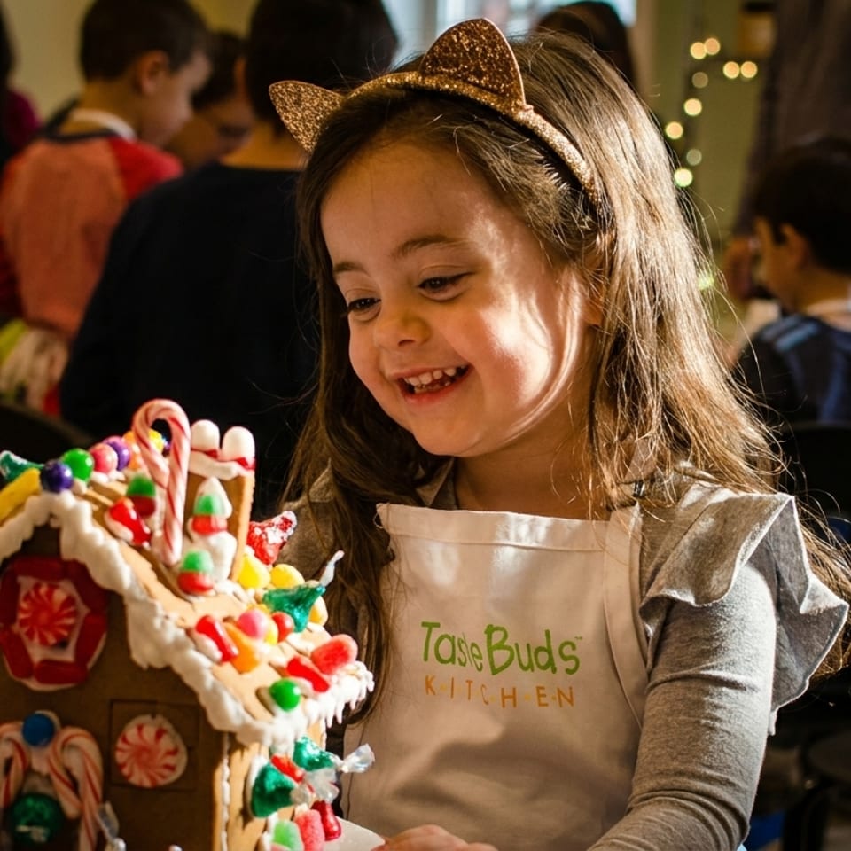 A young girl in a Taste Buds Kitchen apron smiles at a decorated gingerbread house.