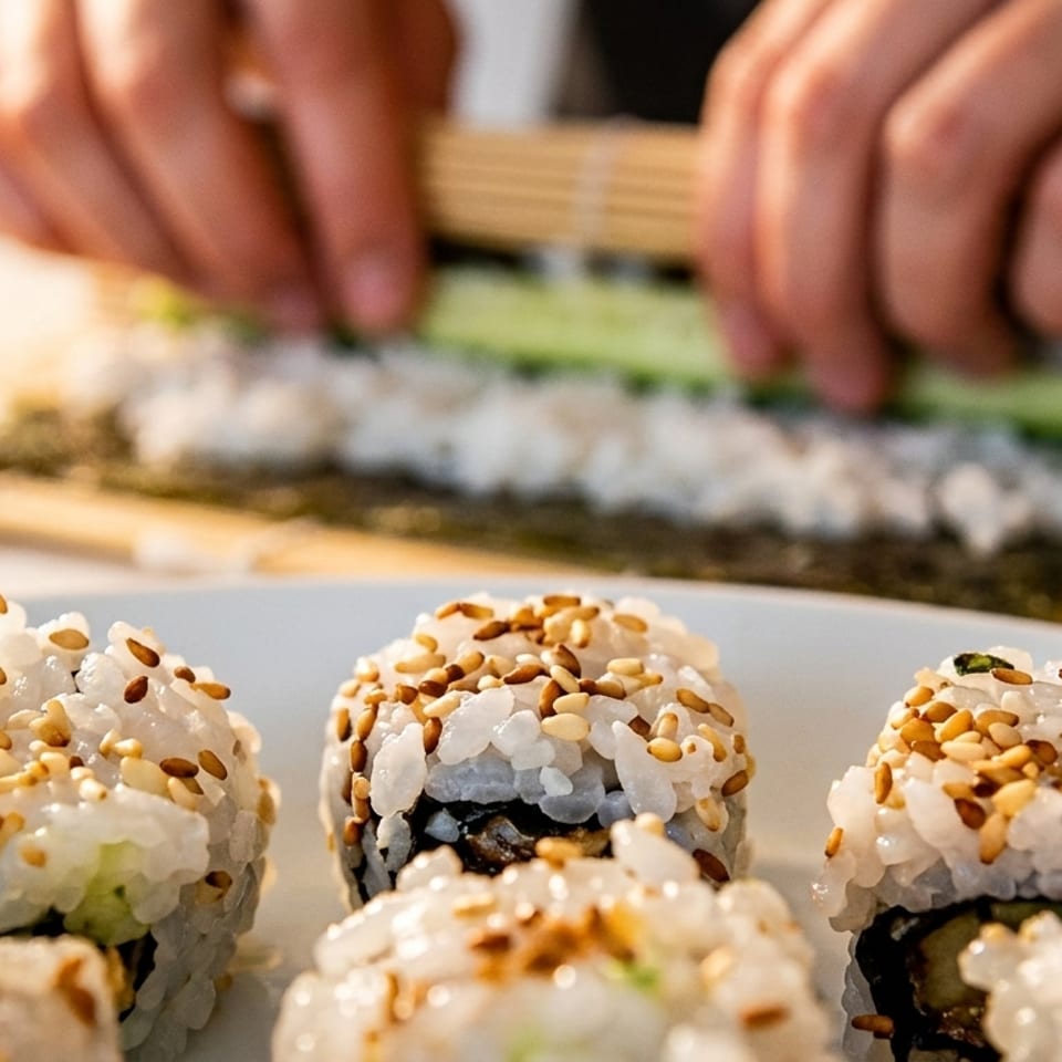 Hands rolling sushi with a bamboo mat, with finished sesame-topped sushi rolls in the foreground.
