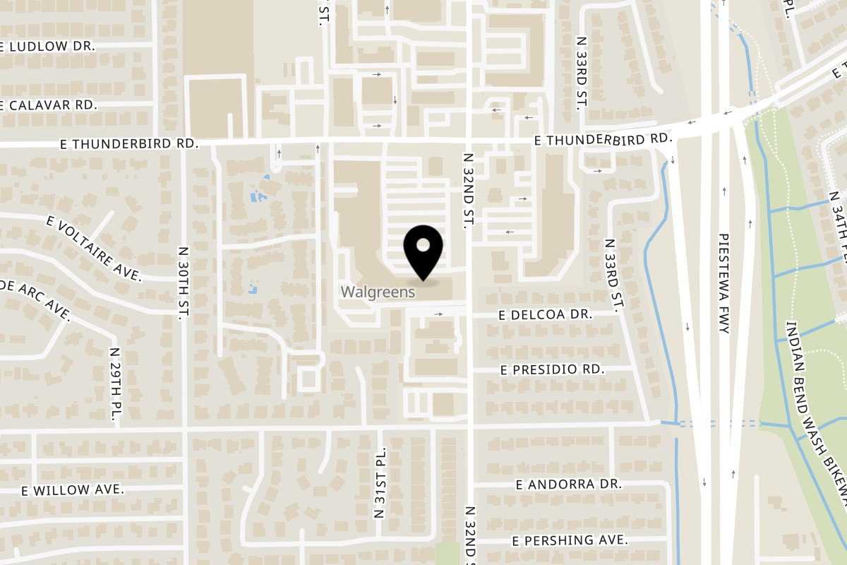 Map showing the location of Taste Buds Kitchen Phoenix – Paradise Valley on 3131 E Thunderbird Rd Ste 46 in Phoenix