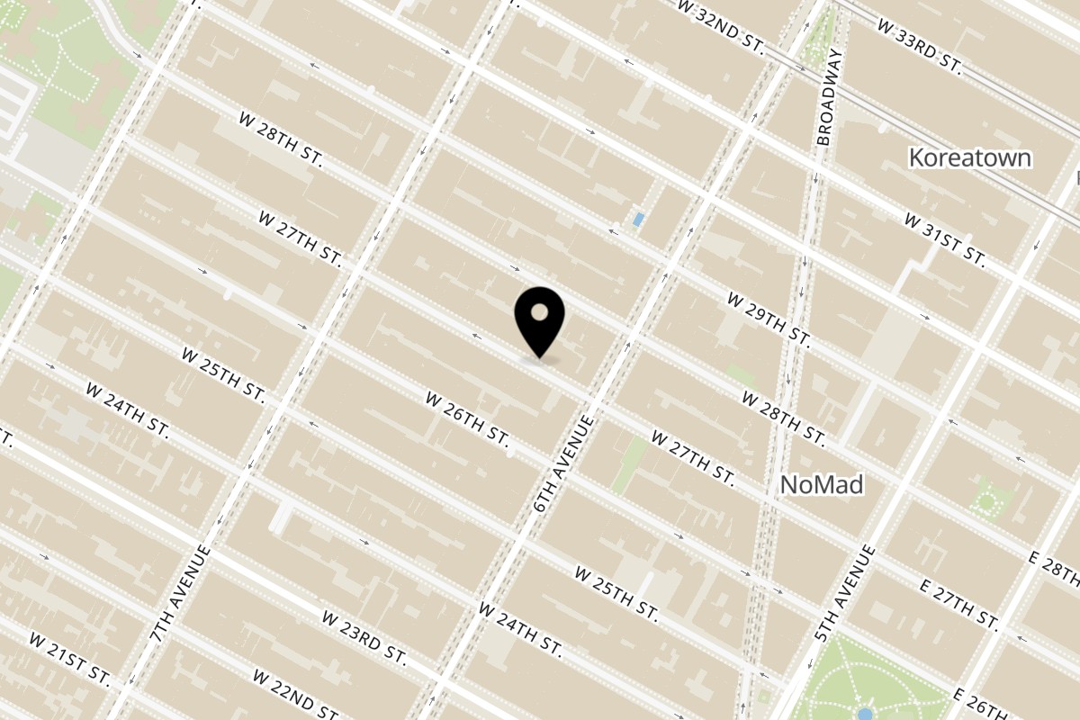 Map showing the location of Taste Buds Kitchen NYC – Chelsea on 109 W 27th St in New York